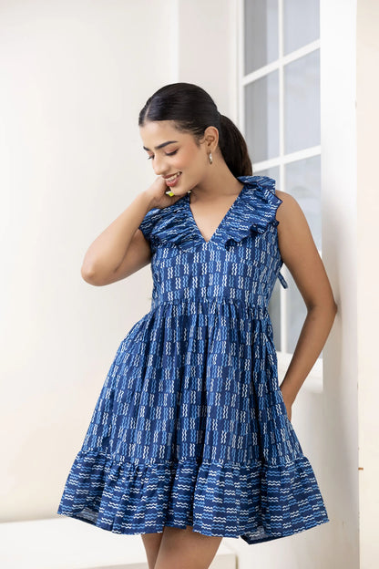 INDIGO RADIANCE FRILL SHORT DRESS