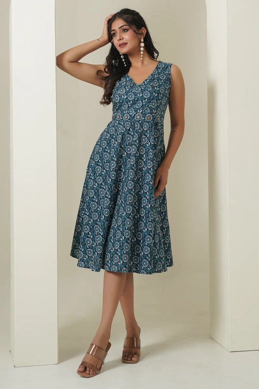 INDIGO FLORAL MID FLOW DRESS