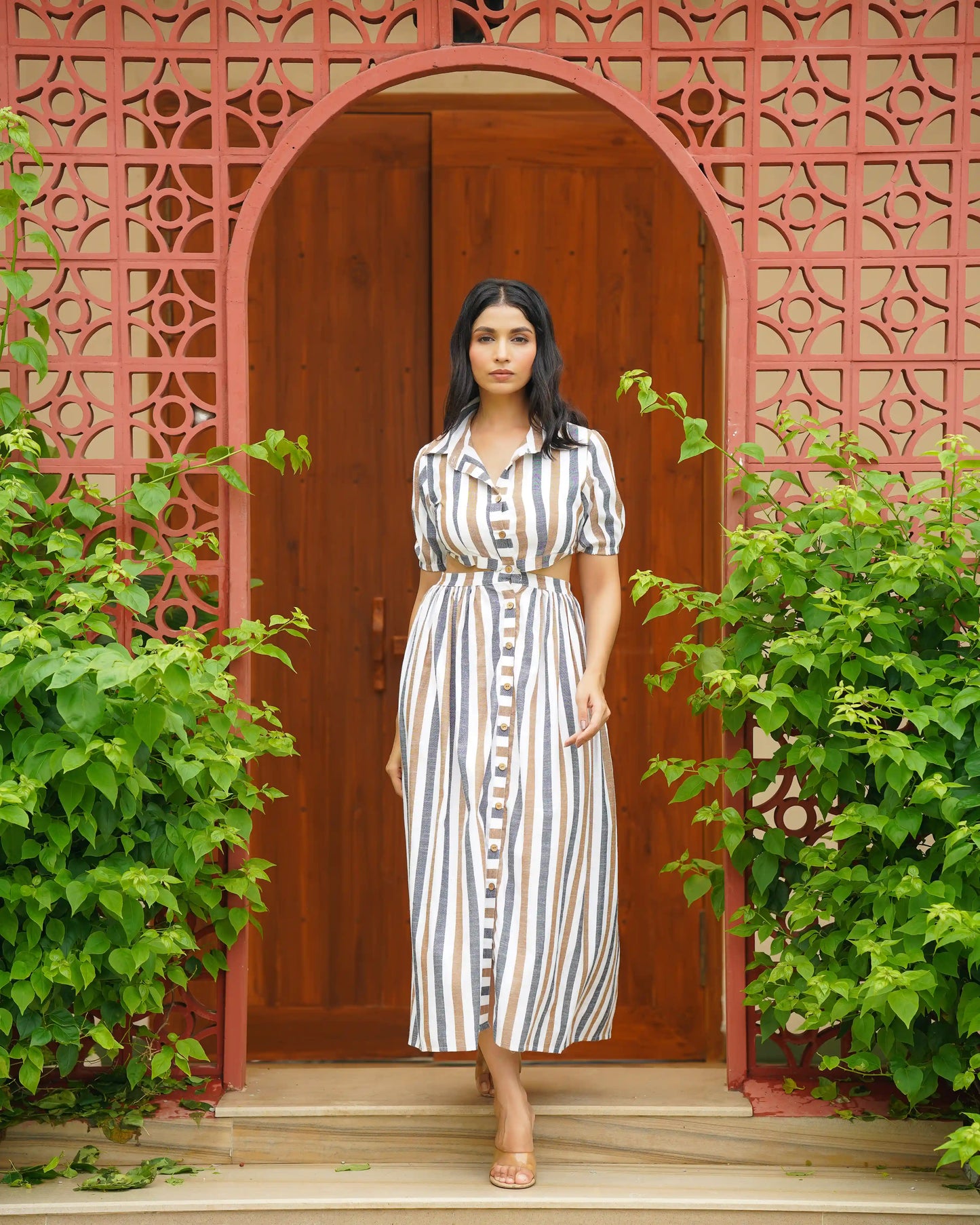 CABANA STRIPES CUT OUT MIDI DRESS