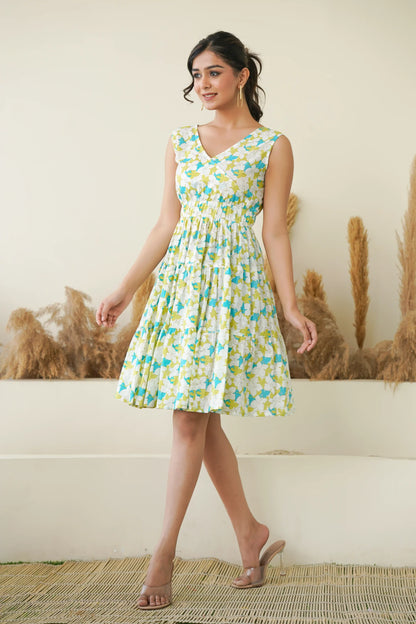 GREEN FLORAL BLOOM SHORT DRESS