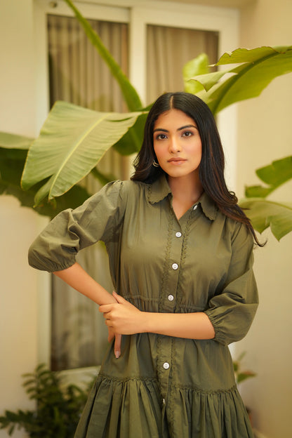 Solid army green button down dress